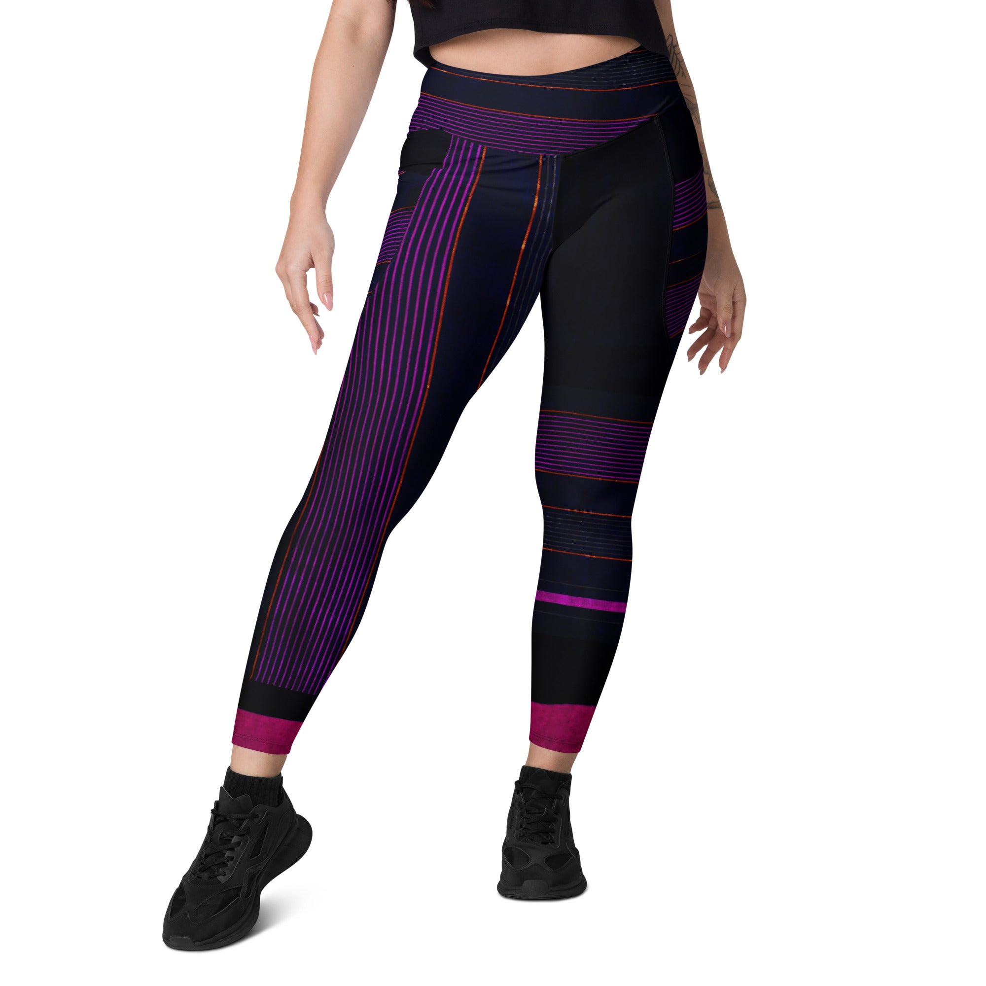 Black Gym Leggings with Pockets. Purple Pin Stripes Dance Leggings. Crossover Waist Yoga Pants. "Peppermint" by WickedYo.